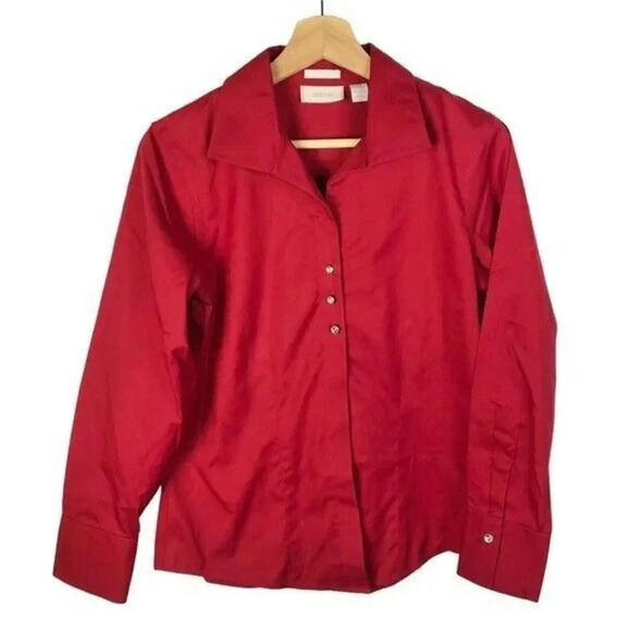 Chico's Red No Iron Rhinestone Long Sleeve Button Down 0/S - Picture 1 of 4